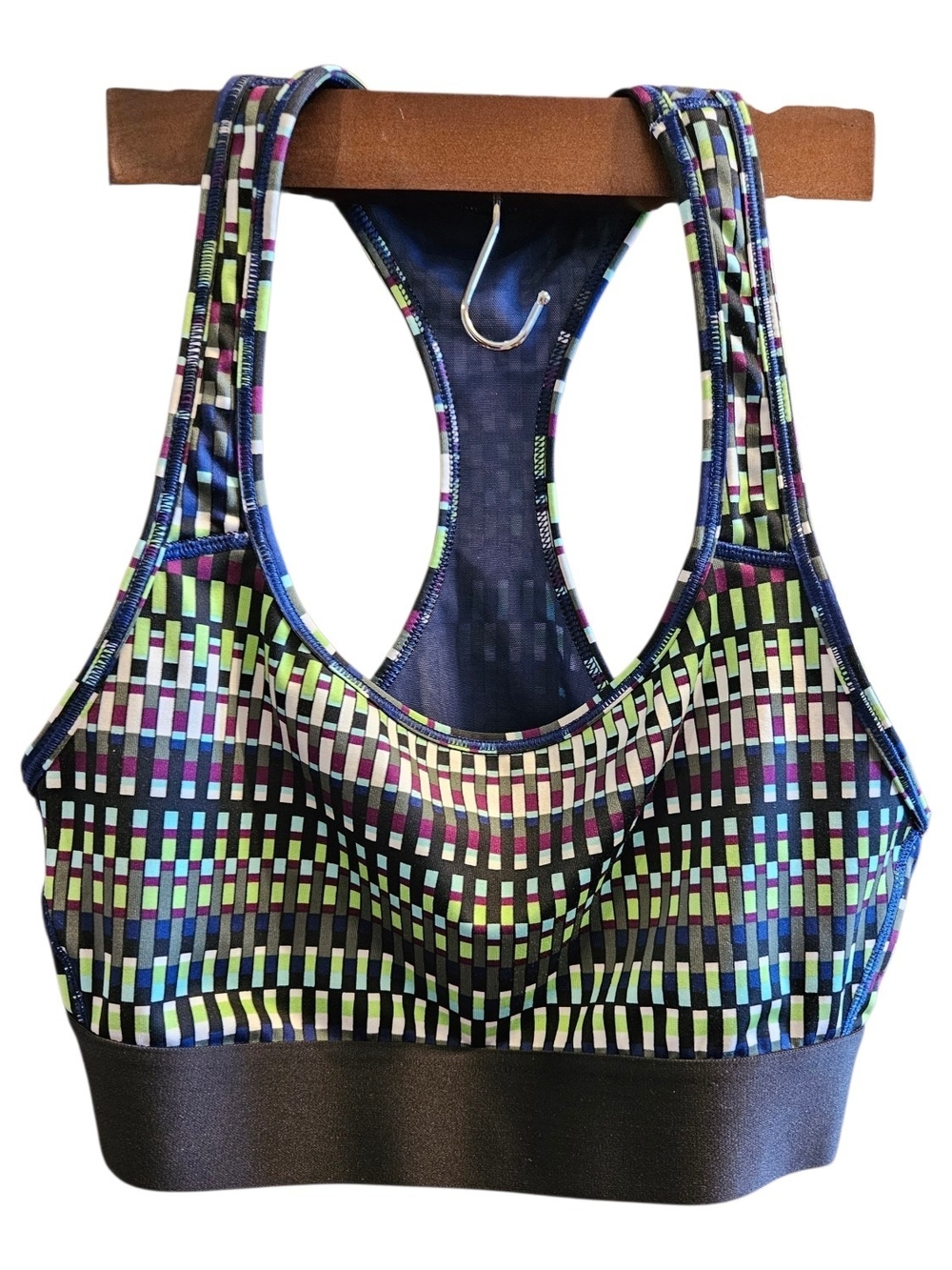 Victoria Sport Geo-Block Racerback Sports Bra in Black with Multicolor Accents